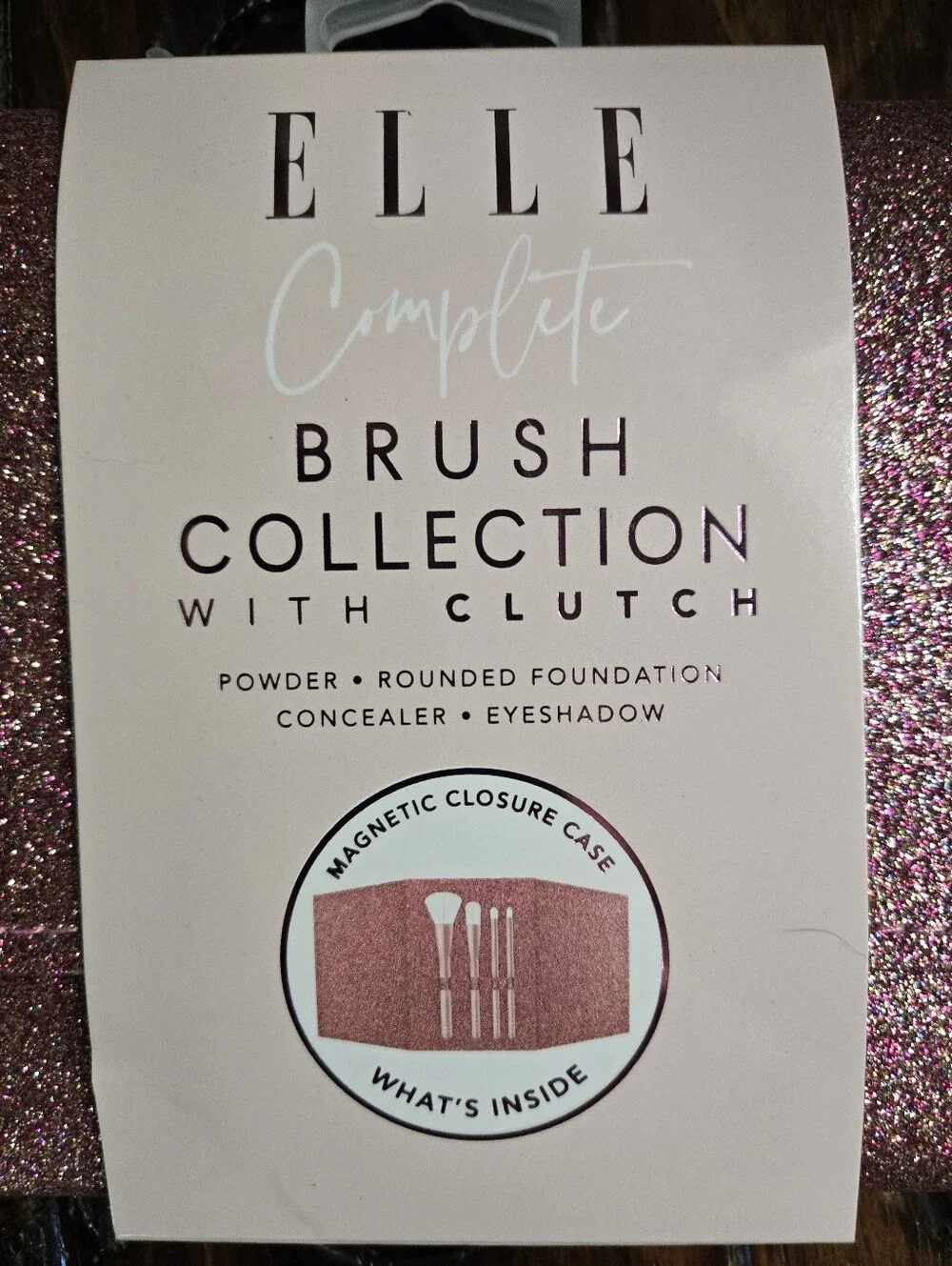 ELLE Complete 4-Piece Makeup Brush Collection with Pink Glitter Clutch